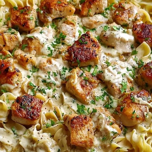 High Protein One Pan Creamy Garlic Butter Chicken with Egg Noodles