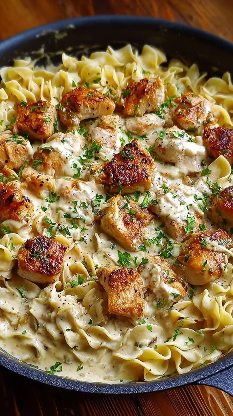 High Protein One Pan Creamy Garlic Butter Chicken with Egg Noodles